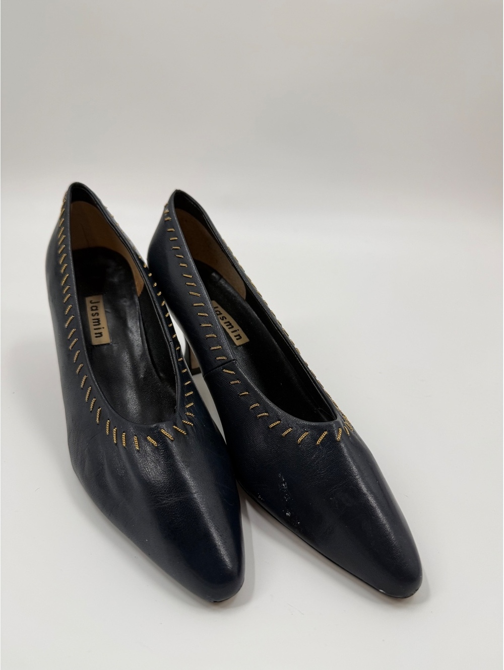 Jasmin Navy Leather Kitten Heel Pumps Gold Stitch Pointed Toe Women’s 9B